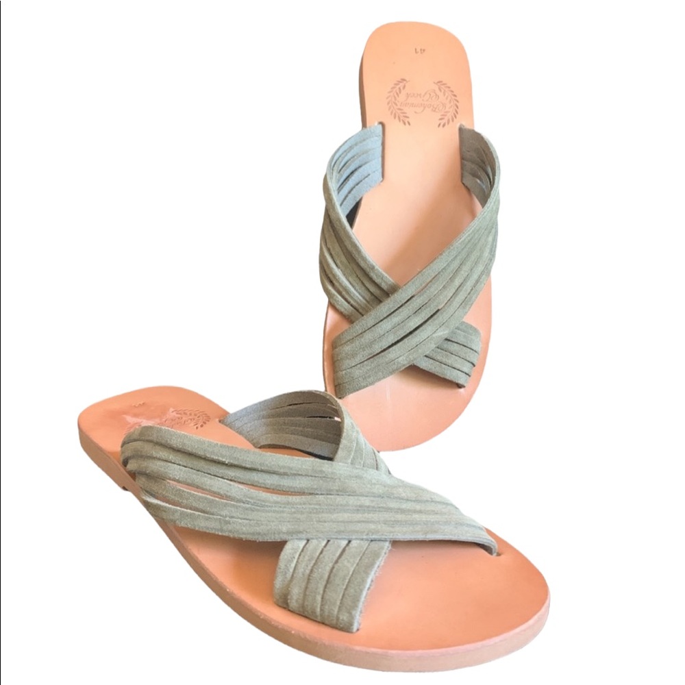 NWOT Women's Bohemian Greek Leather Sandals Size 41 US 10.5 Army Green Color